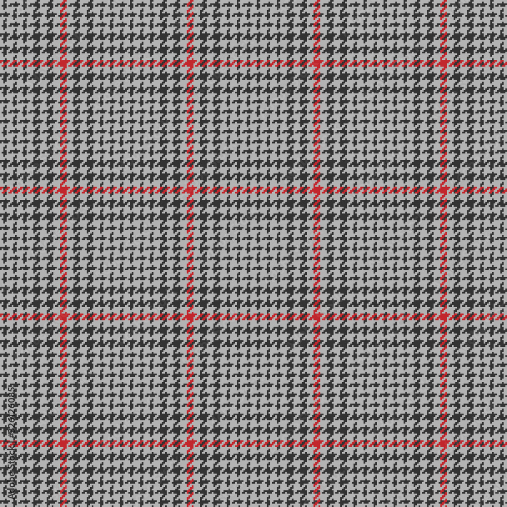Tweed check plaid pattern. Seamless hounds tooth vector plaid background texture in grey and red for coat, jacket, skirt, dress, trousers, or other modern autumn or winter glen textile design.