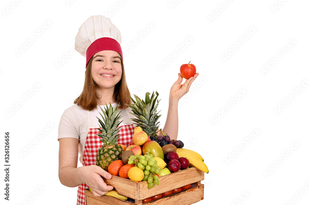 female cook with apple and different fruit in wooden crate female cook with apple and different fruit in wooden crate