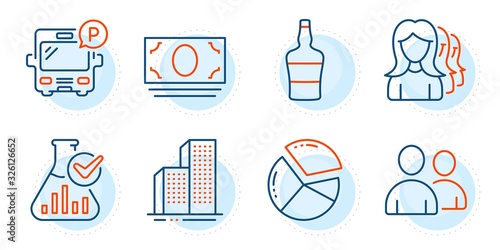 Bus parking, Scotch bottle and Skyscraper buildings signs. Chemistry lab, Users and Women headhunting line icons set. Pie chart, Cash money symbols. Laboratory flask, Couple of people. Vector