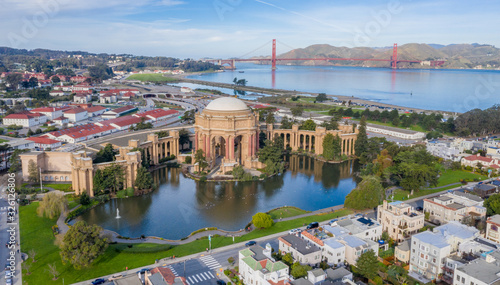 Photography Palace of Fine Arts, San Francisco, California, aerial view with Golden Gate Bridge in the background