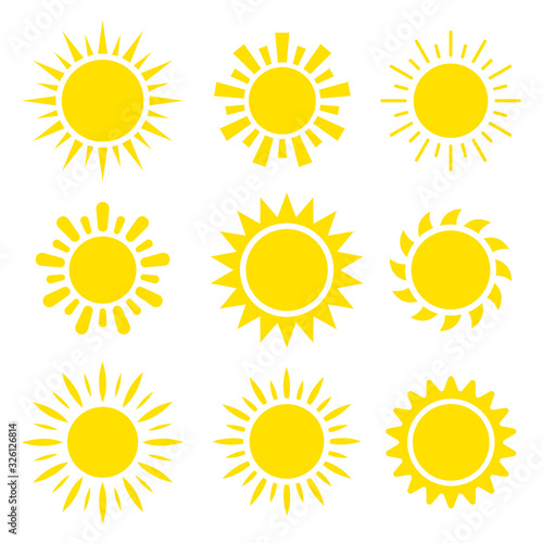 Yellow sun icon set 9 in 1