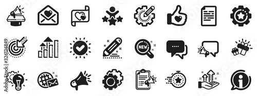 Business strategy, Megaphone and Representative. Brand social project icons. Influence campaign, social media marketing, brand ambassador icons. Innovation, gift, like sign. Vector