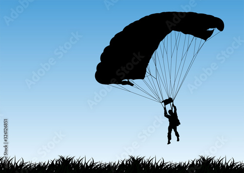 Parachutist silhouette illustration isolated on sky background. Insurance risk concept, Man in air jump