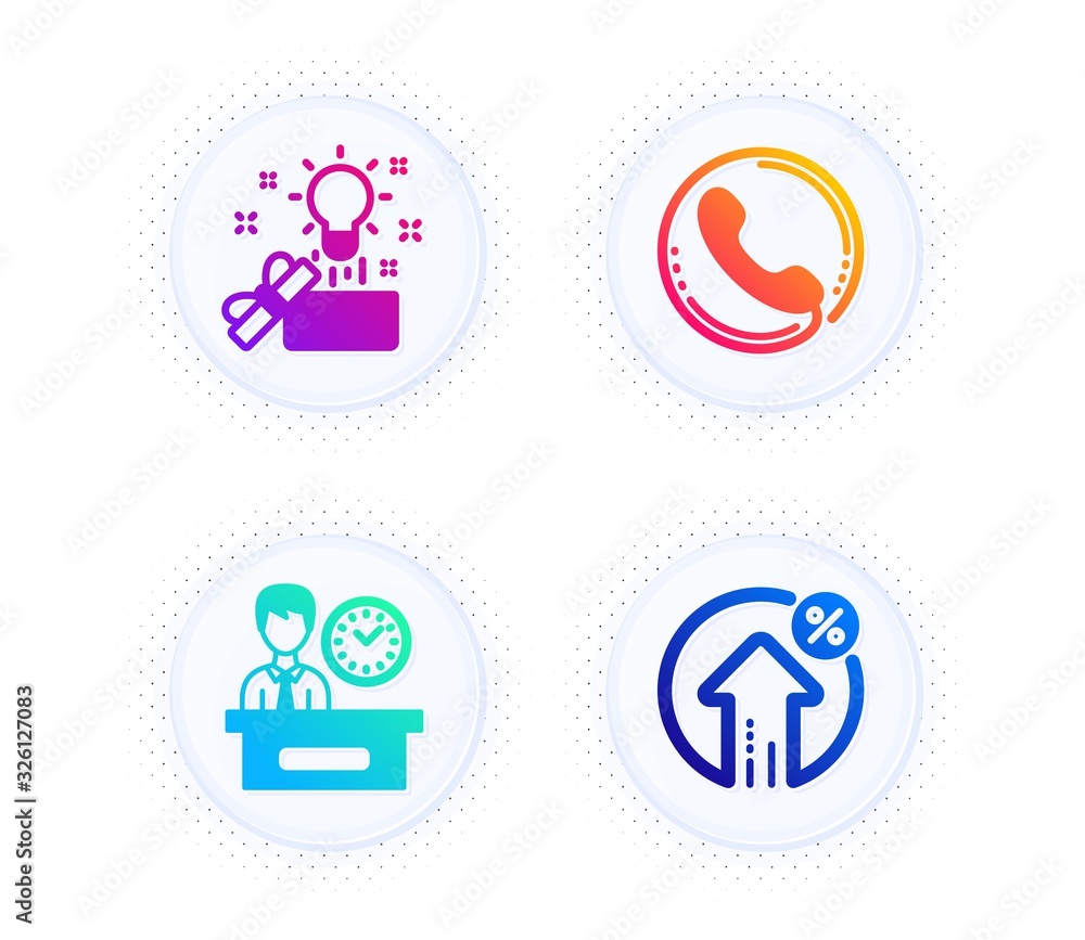 Call center, Presentation time and Creative idea icons simple set. Button with halftone dots. Loan percent sign. Phone support, Report, Present box. Growth rate. Business set. Vector