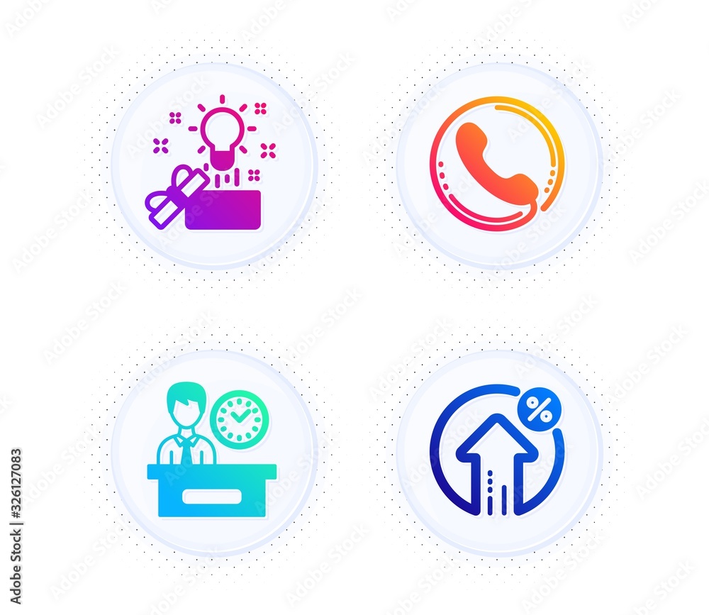 Call center, Presentation time and Creative idea icons simple set. Button with halftone dots. Loan percent sign. Phone support, Report, Present box. Growth rate. Business set. Vector Call center, Presentation time and Creative idea icons simple set. Button with halftone dots. Loan percent sign. Phone support, Report, Present box. Growth rate. Business set. Vector