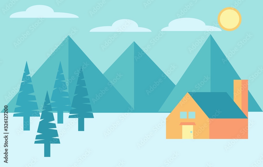 Camping in the mountains and forest. Cabin in the woods outdoor activity. Vector colorful landscape.