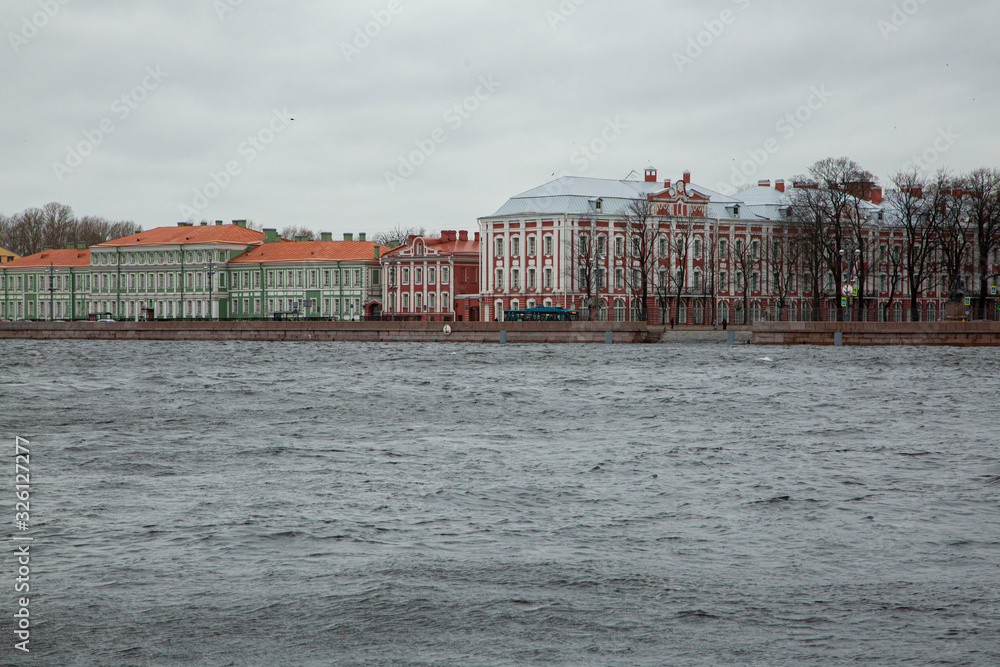University embankment of the Neva River in St. Petersburg, Russia.