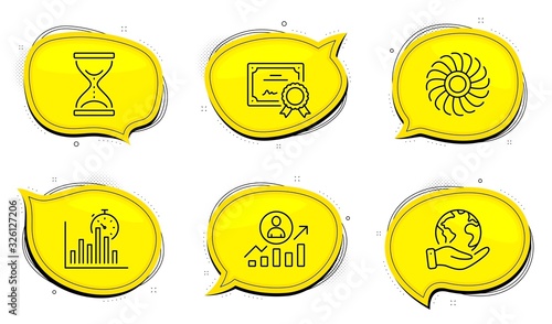 Career ladder sign. Diploma certificate, save planet chat bubbles. Time hourglass, Fan engine and Report timer line icons set. Sand watch, Ventilator, Growth chart. Manager results. Vector