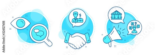 Chat message, Carousels and Quiz test line icons set. Handshake deal, research and promotion complex icons. Businessman case sign. Speech bubble, Attraction park, Interview. Human resources. Vector