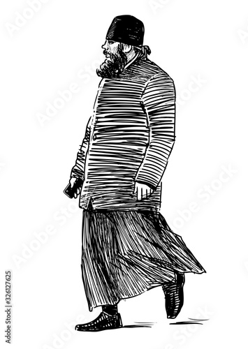 Sketch of orthodox priest walking on city street