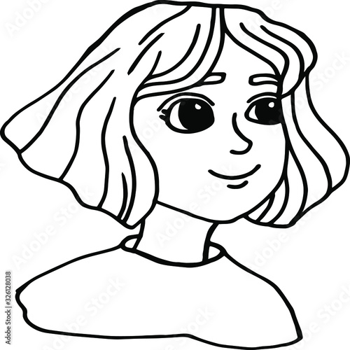 Illustration face in white background. Beautiful and young girl with short hair. Close up portrait. Sketch. Isolated outline, line, contour.
