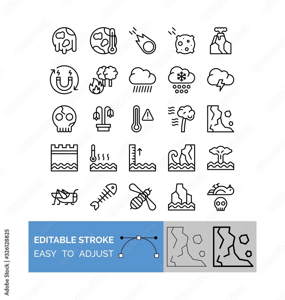 climate related clouds, grasshopper, thermometer, global warming, water waves, forest fire, skeleton, honey bee, fish bone, dead bird and mountains vector in lineal style,