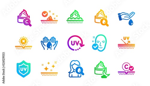 Collagen, Cream, Serum oil and Skincare. Skin care icons. Face sun lotion gel, Uv protection, vitamin E icons. Face skin care cream protection. Classic set. Gradient patterns. Vector