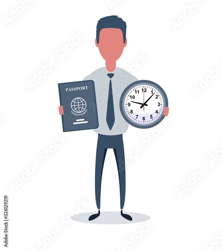 Businessman or clerk. Male character in trendy simple style with objects, flat vector illustration. Business concept. Isolated on white background.