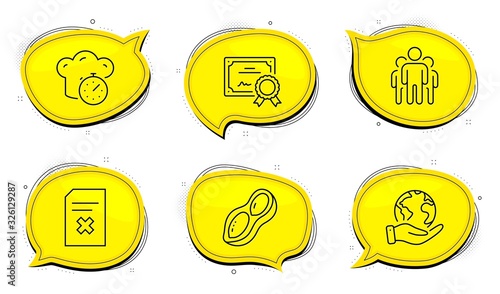 Cooking timer sign. Diploma certificate, save planet chat bubbles. Group, Peanut and Delete file line icons set. Managers, Vegetarian nut, Remove document. Stopwatch. Business set. Vector
