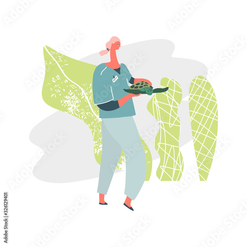 Veterinarian doctor with sea turtle. Concept of medicine and animals care