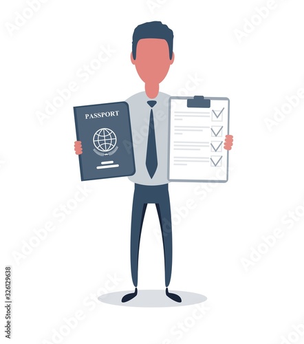 Businessman or clerk. Male character in trendy simple style with objects, flat vector illustration. Business concept. Isolated on white background.