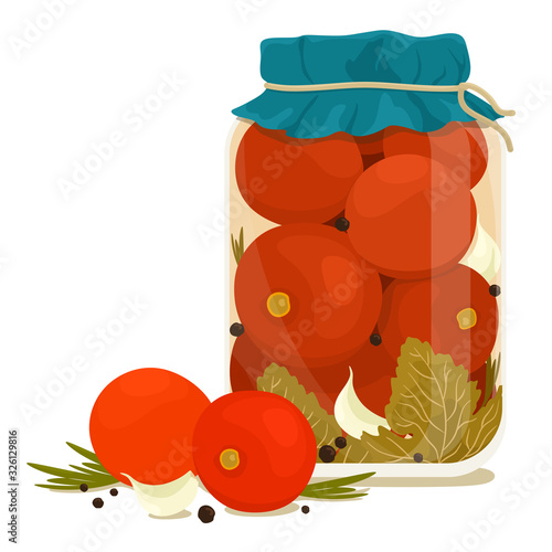 Canned tomatoes in a jar of pickles. Vector isolate in realistic style.