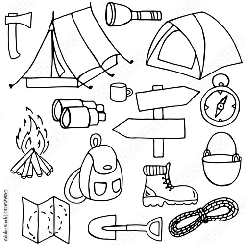 Set of elements about camping and hiking  in doodle style, isolated on a white background. Hand drawn vector illustration.