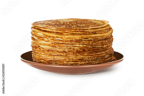 Pancake isolated over white background Blinis Big Stack of delicious pancakes on plate isolated on white National cuisine Vector clipping path