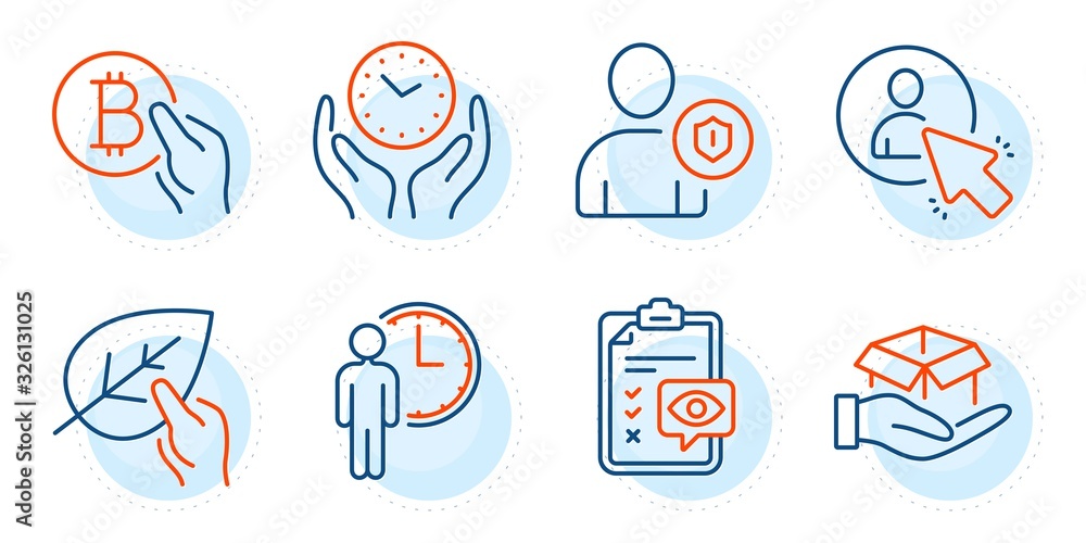 Eye checklist, Hold box and User signs. Waiting, Bitcoin pay and Security line icons set. Organic tested, Safe time symbols. Service time, Cryptocurrency coin. People set. Outline icons set. Vector Eye checklist, Hold box and User signs. Waiting, Bitcoin pay and Security line icons set. Organic tested, Safe time symbols. Service time, Cryptocurrency coin. People set. Outline icons set. Vector
