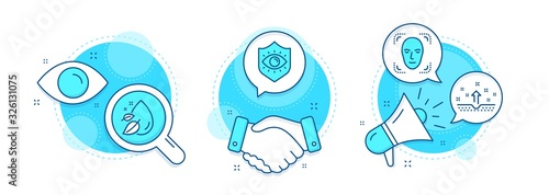 Eye protection, Water drop and Clean skin line icons set. Handshake deal, research and promotion complex icons. Face detection sign. Optometry, Serum oil, Cosmetics. Detect person. Medical set. Vector