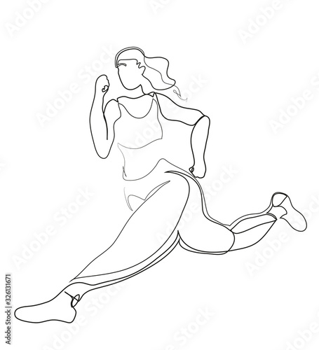One continuous line drawing of Healthy lifestyle woman runner. Young lady running.