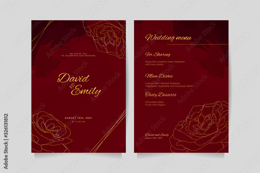 Card Template design for Wedding invitation and Wedding Menu, Luxury design style with Golden roses. - vector.