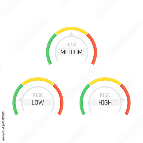 Risk Gauge Scale Measure. High risk meter isolated on white background. Concept graphic element of tachometer, indicators, speedometers, score. Low, medium and high gauges. Vector illustration EPS 10