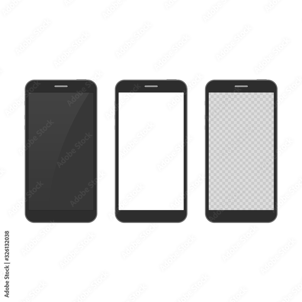 Realistic smartphone mockup set, isolated on white background. Mobile phone blank, white, transparent screen design. Vector illustration EPS 10. Realistic smartphone mockup set, isolated on white background. Mobile phone blank, white, transparent screen design. Vector illustration EPS 10.