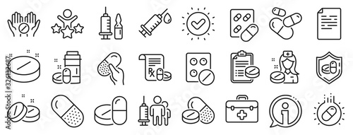Healthcare, Prescription and Pill signs. Medical drugs line icons. Pharmacy drugs, medical nurse, recipe pill icons. Antibiotic capsule, syringe vaccination, medicine cure. Vector