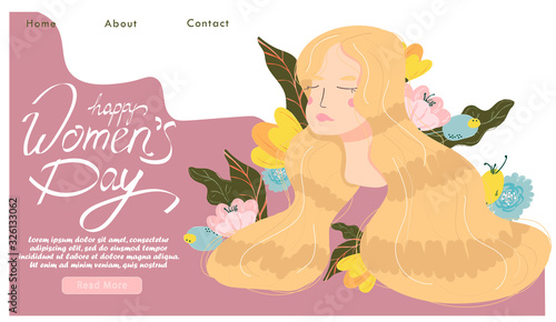 Women Day greeting card with hand drawn flowers background. Text lettering for 8 March Woman holiday. Vector template with lettering design. Design for card, poster, flyer, baner, landing.