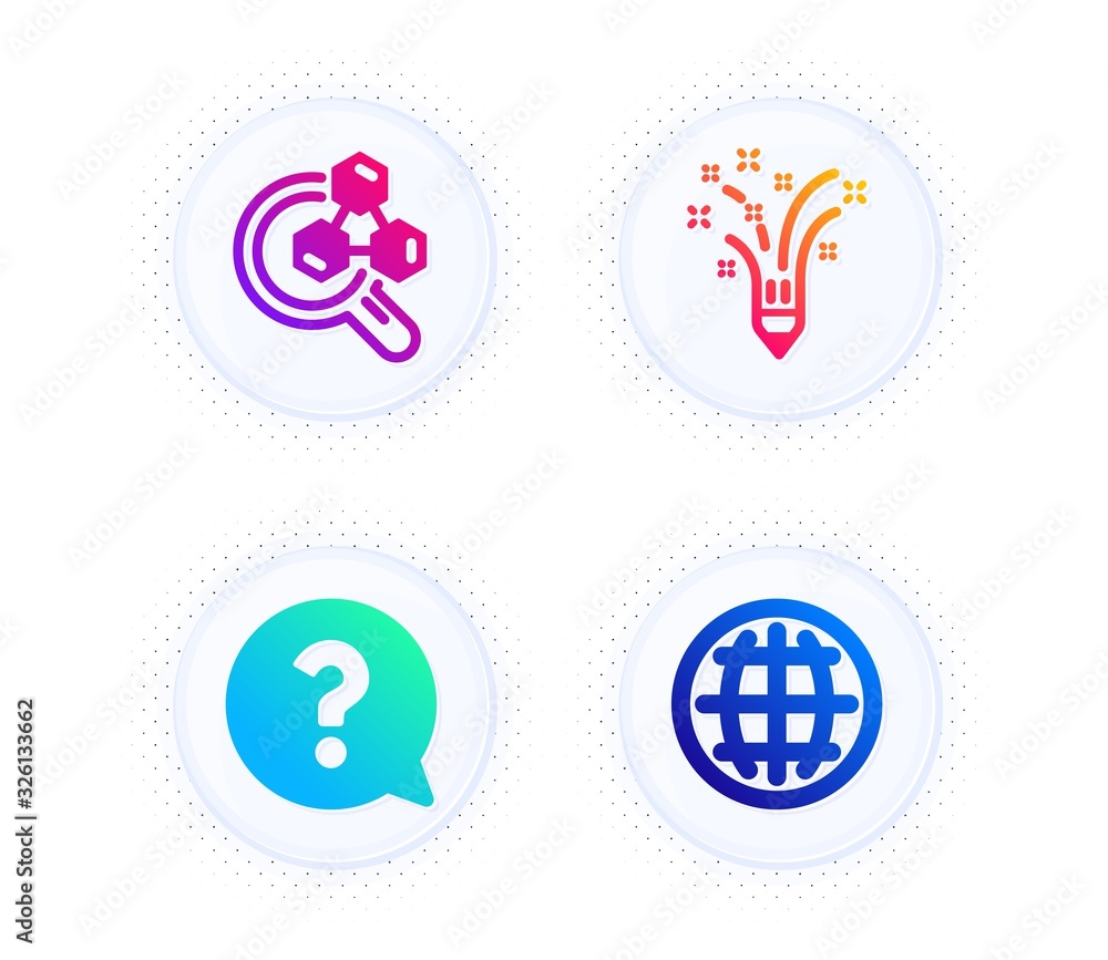 Inspiration, Chemistry lab and Question mark icons simple set. Button with halftone dots. Globe sign. Creativity pencil, Lab research, Help support. Internet world. Education set. Vector Inspiration, Chemistry lab and Question mark icons simple set. Button with halftone dots. Globe sign. Creativity pencil, Lab research, Help support. Internet world. Education set. Vector