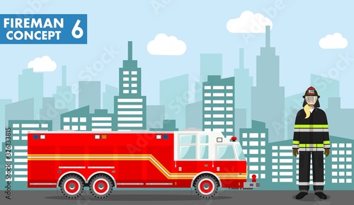 Fireman concept. Detailed illustration of woman firefighter and fire truck in flat style on background with cityscape. Vector illustration.