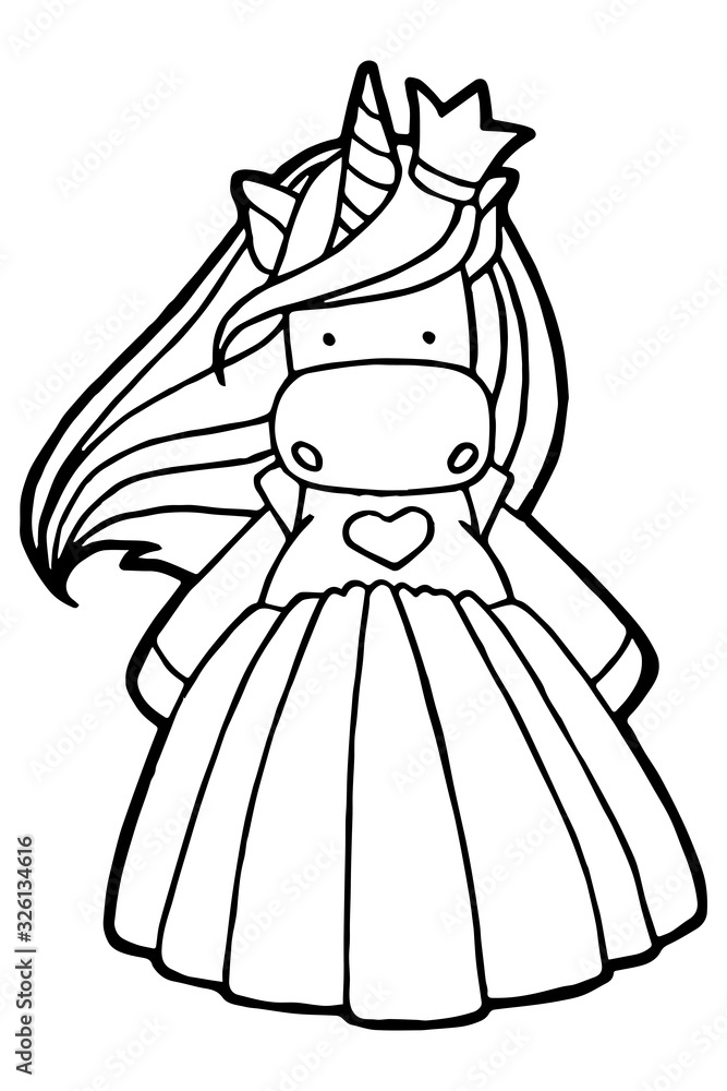 Fototapeta premium Jpeg illustration. Hand drawing. Cartoon princess unicorn in a crown. Beautiful magnificent dress. Isolated on white. Coloring page. Cute character. The original print.