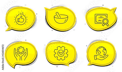 Like hand sign. Diploma certificate, save planet chat bubbles. Cooking mix, Employee hand and Cogwheel line icons set. Bowl, Work gear, Engineering tool. Thumbs up. Business set. Vector
