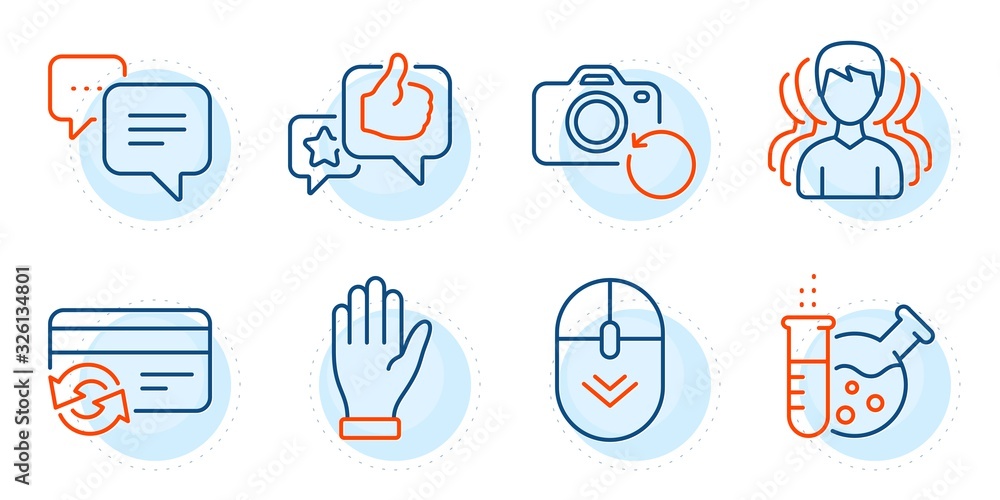 Like, Scroll down and Recovery photo signs. Change card, Chemistry lab and Dots message line icons set. Group, Hand symbols. Payment method, Laboratory. Business set. Outline icons set. Vector Like, Scroll down and Recovery photo signs. Change card, Chemistry lab and Dots message line icons set. Group, Hand symbols. Payment method, Laboratory. Business set. Outline icons set. Vector