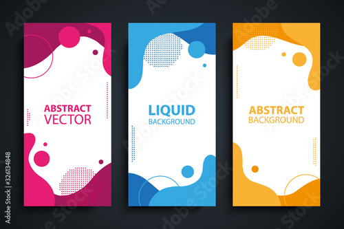 Set of flyers with abstract modern liquid forms and shapes, circles and dotted patterns. Fluid flat color design elements collection. Vector illustration.