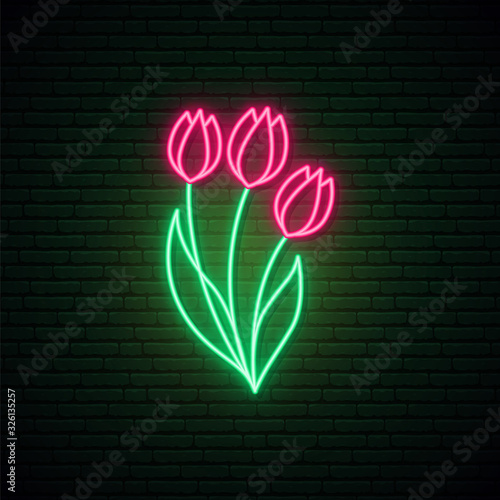 Red tulips neon sign. Bright spring flower bouquet illustration. Vector design template for greeting card, signboard, web banner..