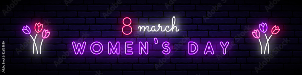 Happy women’s day neon signboard. Bright light inscription with tulip flowers on dark brick wall background. Festive vector banner.8 Mary