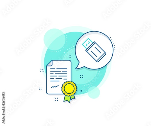 Memory stick sign. Certification complex icon. USB flash drive line icon. Portable data storage symbol. Certificate or diploma document. USB flash sign. Vector