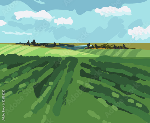 Landscape with green field and blue sky in impressionistic manner