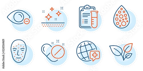 Myopia, Leaves and Medical pills signs. Clean skin, Artificial colors and Face biometrics line icons set. World medicine, Medical analyzes symbols. Face cream, Natural flavor. Healthcare set. Vector