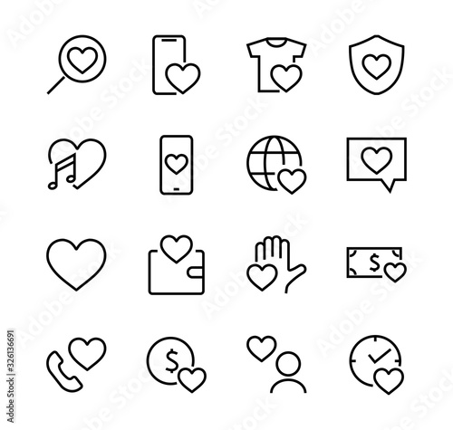  The set of icons about love contains such icons as love of music, declaration of love, heart, favorite home, Linear set. Vector on a white background. Editable stroke. 480x480