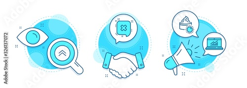 Online statistics, Sun cream and Swipe up line icons set. Handshake deal, research and promotion complex icons. Reject sign. Computer data, Face lotion, Scroll screen. Delete message. Vector