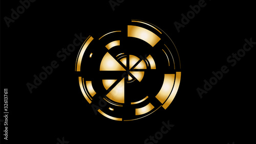 Gold wheel. Simple drawing with slices, triangles, lines arranged in a circle to create footages, layouts, logos, screensavers in a dynamic style. Vector graphics. Graphic element. Design template.