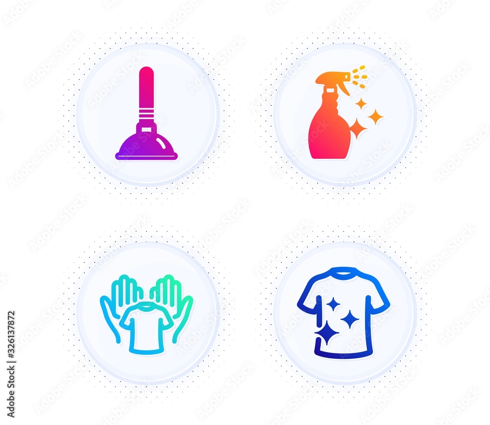 Plunger, Hold t-shirt and Washing cleanser icons simple set. Button with halftone dots. Clean t-shirt sign. Clogged pipes cleaner, Laundry shirt, Housekeeping spray. Cleaning set. Vector