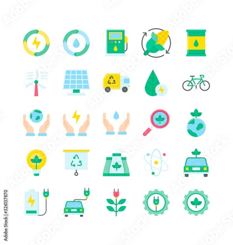 sustainable or recycle related solar panel, corn, truck, bicycle, leafs, save energy, magnifying glass, bulb, presentation, electric car, battery, gears, and molecules vector in flat style,
