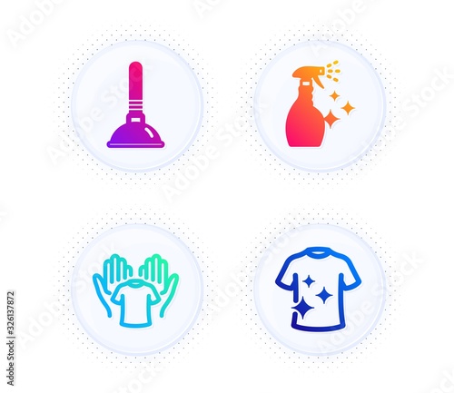 Plunger, Hold t-shirt and Washing cleanser icons simple set. Button with halftone dots. Clean t-shirt sign. Clogged pipes cleaner, Laundry shirt, Housekeeping spray. Cleaning set. Vector
