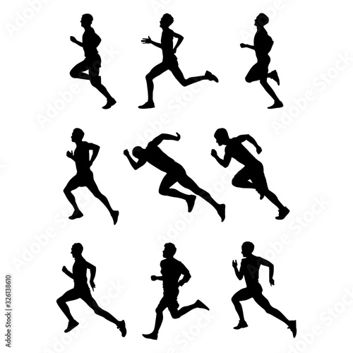 Side view of Running People Silhouette. Mega Collection of Sport Running Man Illustration. Sprint People in Black shape pack. Set of Character Shadow with white background.